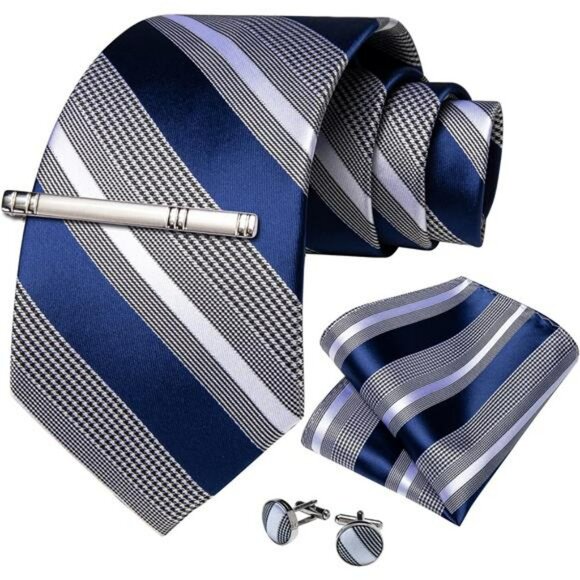 Striped silk tie set with pocket square cufflinks tie clip formal wedding - Picture 3 of 7